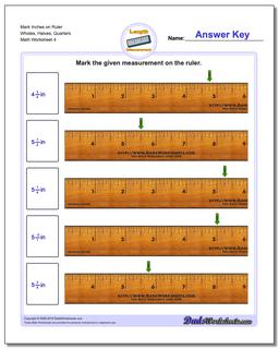 Mark Inches on Ruler Wholes, Halves, Quarters Worksheet