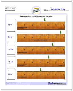 Mark Inches on Ruler Wholes and Halves 1  Worksheet