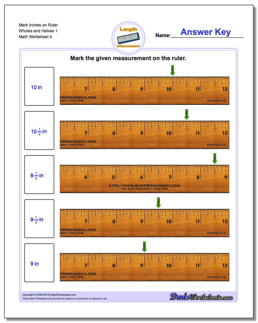 Mark Inches on Ruler Wholes and Halves 1 Worksheet