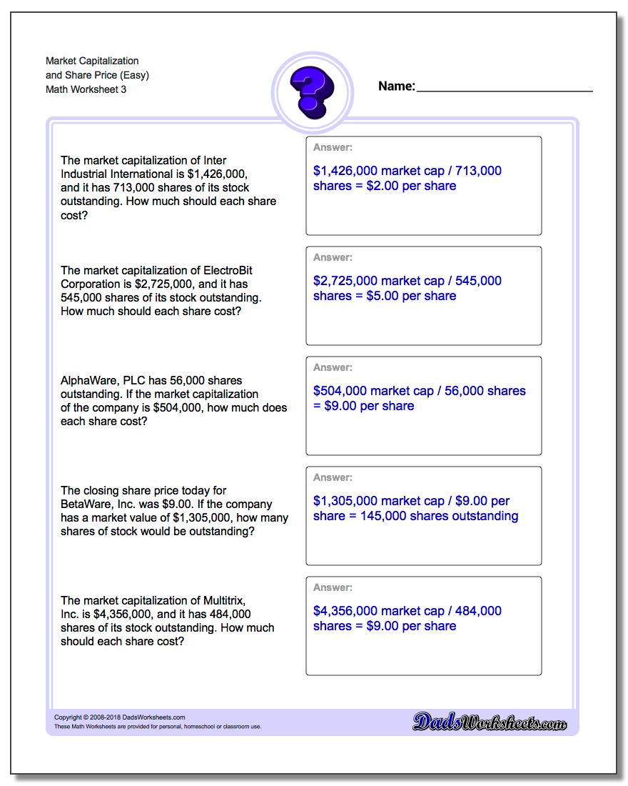 Market Capitalization and Share Price (Easy) Worksheet