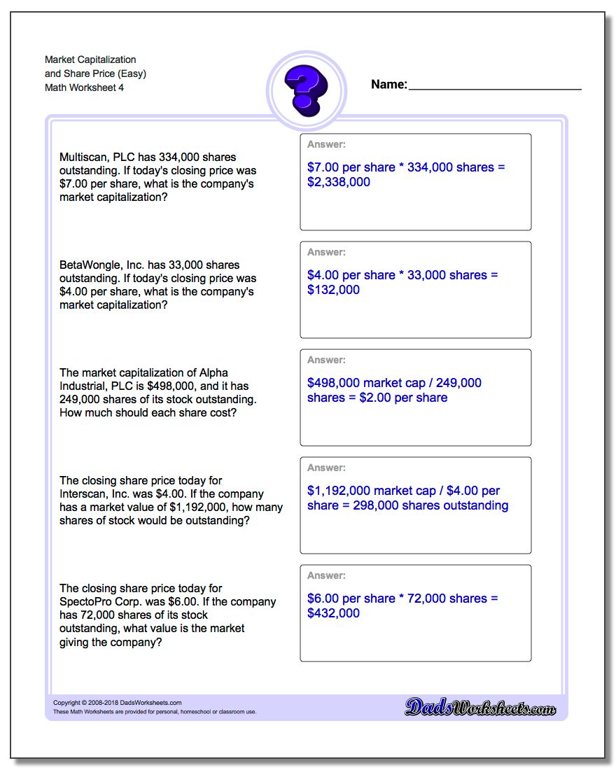 Market Capitalization and Share Price (Easy) Worksheet