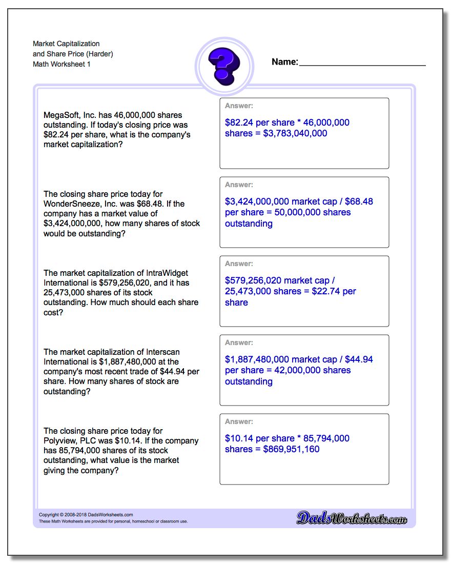 Market Capitalization and Share Price (Harder) Investing Worksheet