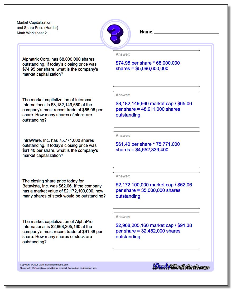 Market Capitalization and Share Price (Harder) www.dadsworksheets.com/worksheets/investing.html Worksheet