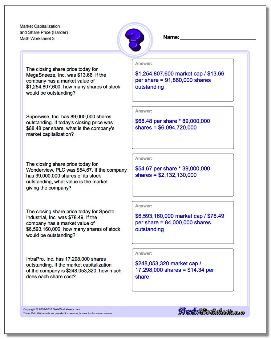 Market Capitalization and Share Price (Harder) Worksheet