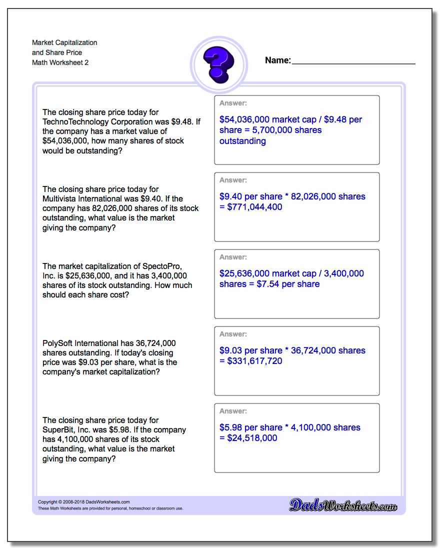 Market Capitalization and Share Price www.dadsworksheets.com/worksheets/investing.html Worksheet