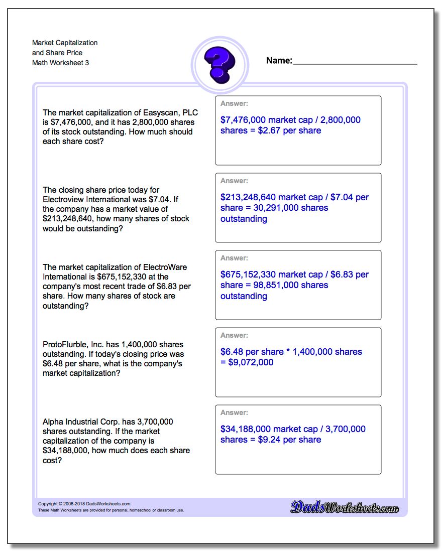 Market Capitalization and Share Price Worksheet