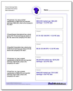 Price to Earnings Ratio and Share Price (Easy) Investing Worksheet