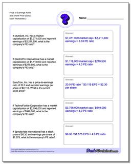Price to Earnings Ratio and Share Price (Easy) /worksheets/investing.html Worksheet
