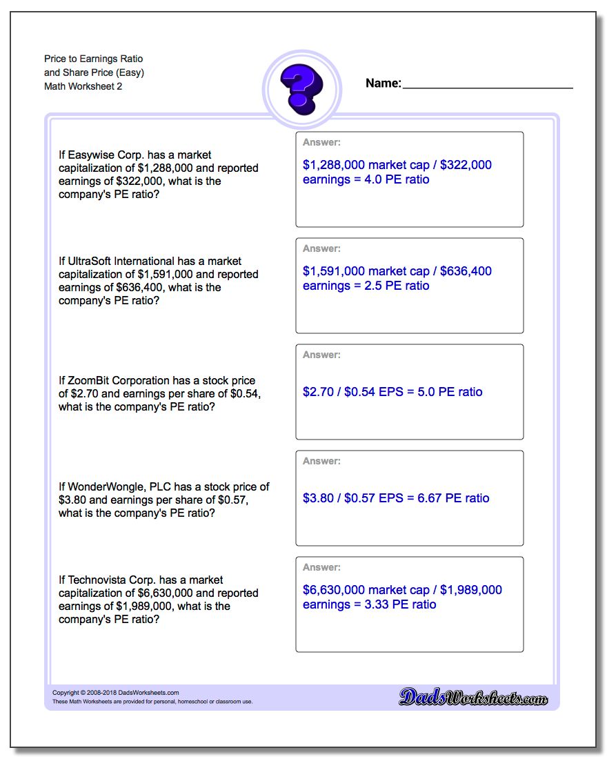 Price to Earnings Ratio and Share Price (Easy) www.dadsworksheets.com/worksheets/investing.html Worksheet