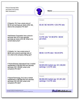 Price to Earnings Ratio and Share Price (Easy) Worksheet