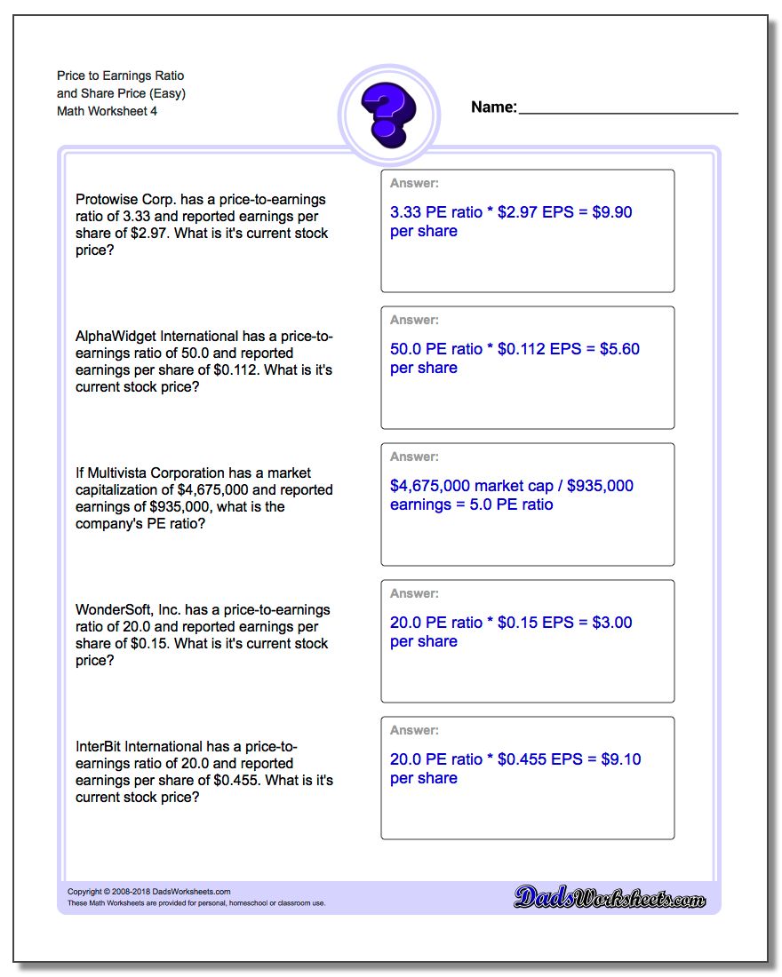 Price to Earnings Ratio and Share Price (Easy) Worksheet