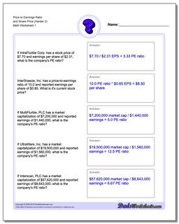 Price to Earnings Ratio and Share Price (Harder 2) Investing Worksheet