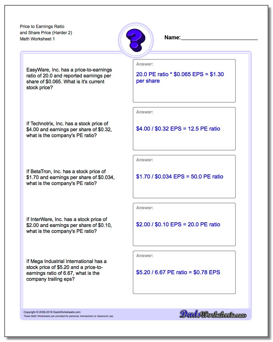 Price to Earnings Ratio and Share Price (Harder 2) Investing Worksheet