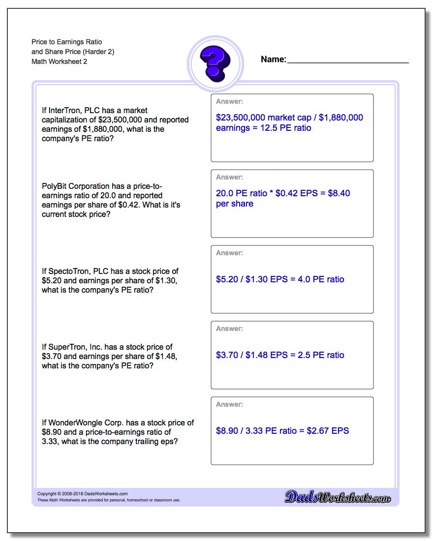 Price to Earnings Ratio and Share Price (Harder 2) www.dadsworksheets.com/worksheets/investing.html Worksheet