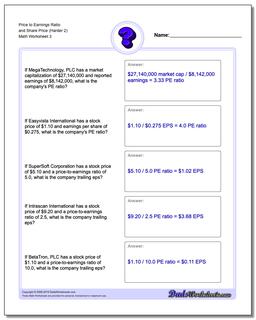 Price to Earnings Ratio and Share Price (Harder 2) Worksheet