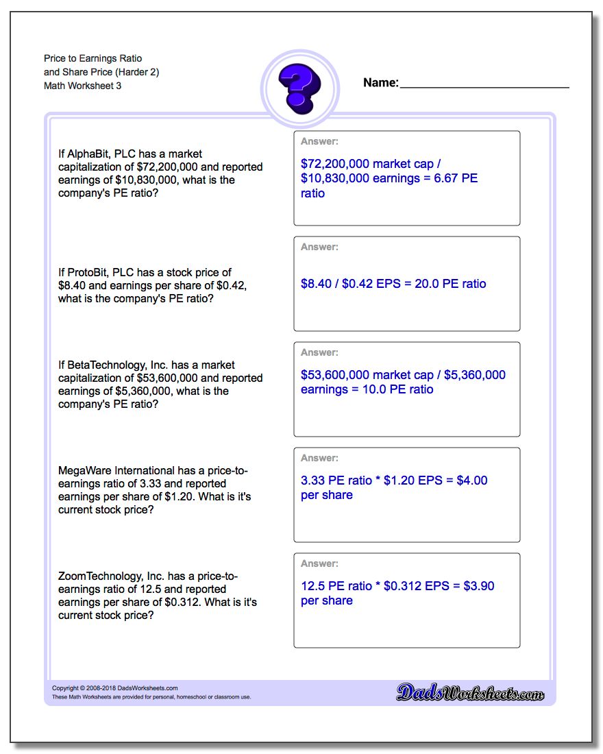 Price to Earnings Ratio and Share Price (Harder 2) Worksheet