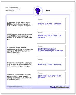 Price to Earnings Ratio and Share Price (Harder 2) Worksheet