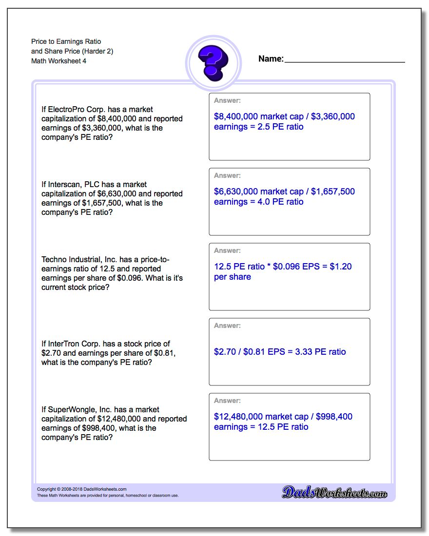 Price to Earnings Ratio and Share Price (Harder 2) Worksheet
