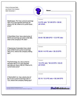 Price to Earnings Ratio and Share Price (Harder) Investing Worksheet