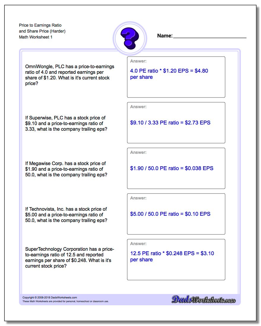 Price to Earnings Ratio and Share Price (Harder) Investing Worksheet