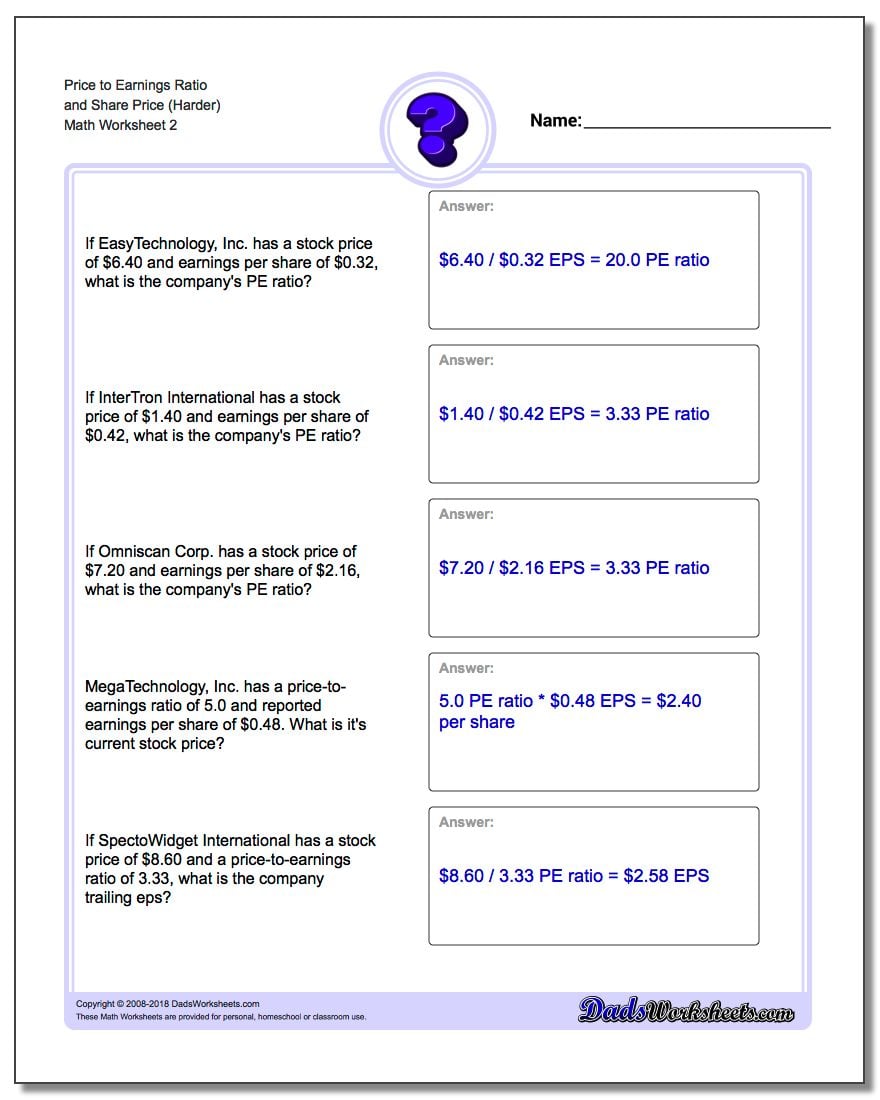 Price to Earnings Ratio and Share Price (Harder) www.dadsworksheets.com/worksheets/investing.html Worksheet