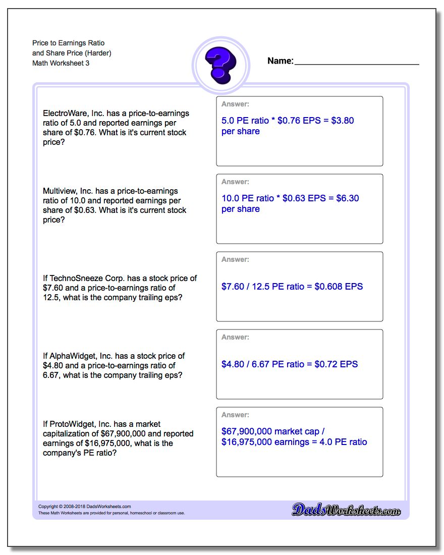 Price to Earnings Ratio and Share Price (Harder) Worksheet