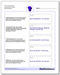 Price to Earnings Ratio and Share Price (Harder) Worksheet