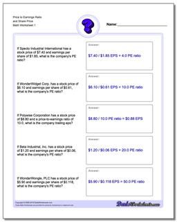 Price to Earnings Ratio and Share Price Investing Worksheet