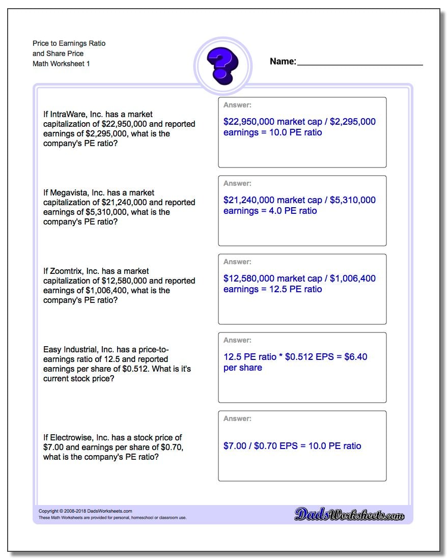 Price to Earnings Ratio and Share Price Investing Worksheet