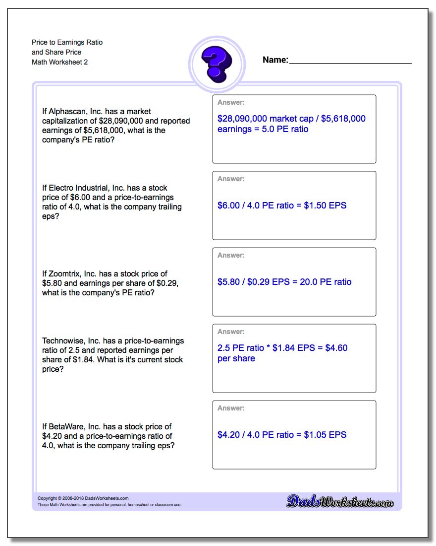 Price to Earnings Ratio and Share Price www.dadsworksheets.com/worksheets/investing.html Worksheet