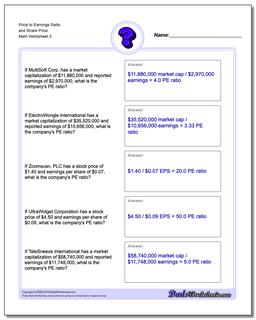 Price to Earnings Ratio and Share Price Worksheet