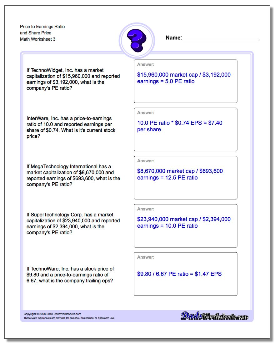 Price to Earnings Ratio and Share Price Worksheet