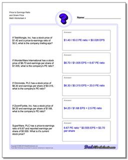 Price to Earnings Ratio and Share Price Worksheet