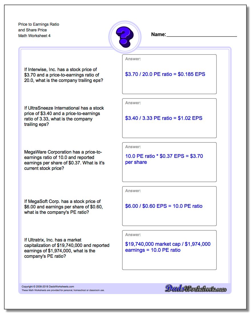 Price to Earnings Ratio and Share Price Worksheet
