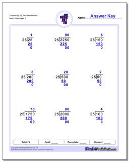 Long Division Worksheet by Factors of 25
