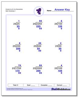 Long Division Worksheet by 25, No Remainders