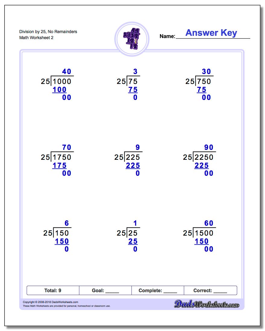 Division Worksheet by 25, No Remainders www.dadsworksheets.com/worksheets/long-division.html