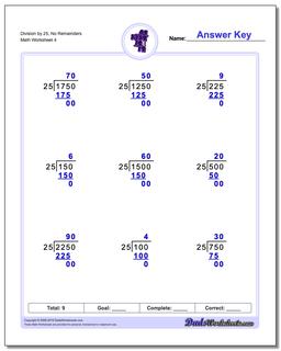 Division Worksheet by 25, No Remainders