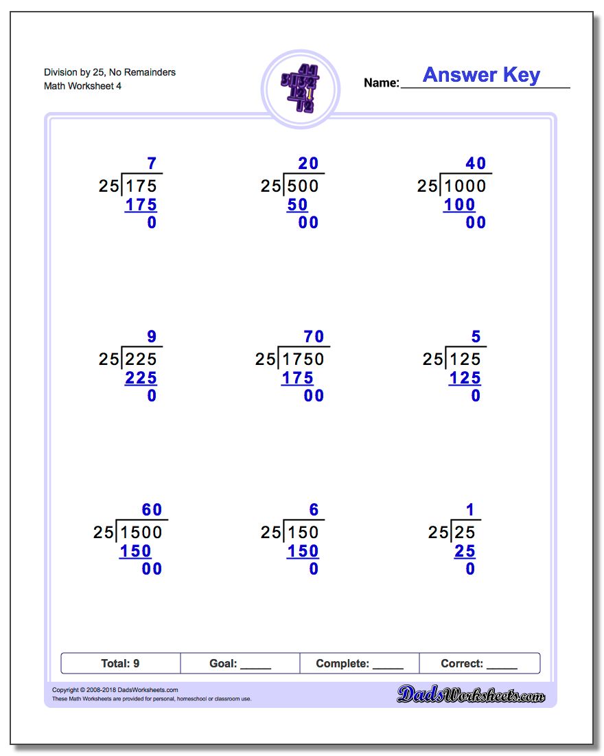 Division Worksheet by 25, No Remainders