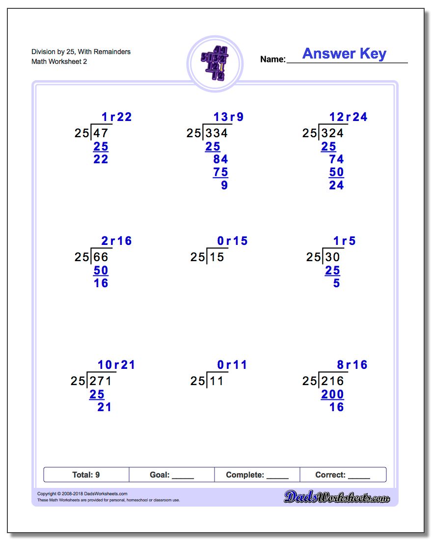 Division Worksheet by 25, With Remainders www.dadsworksheets.com/worksheets/long-division.html