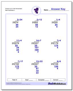 Division Worksheet by 25, With Remainders