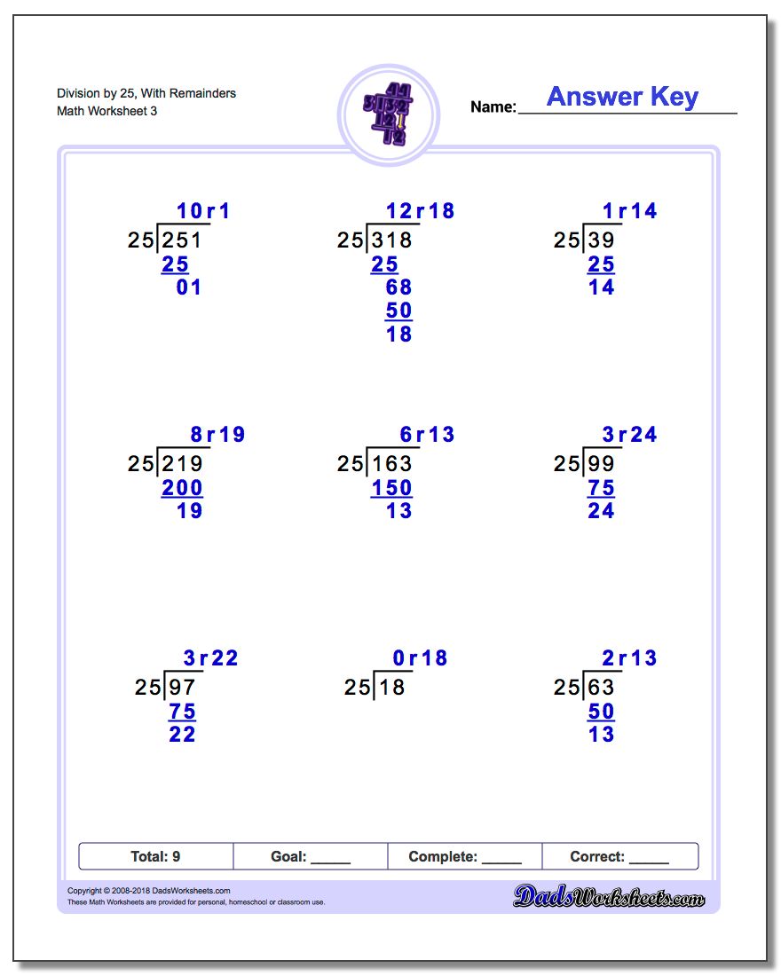 Division Worksheet by 25, With Remainders