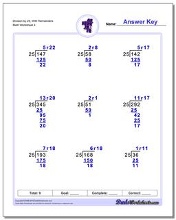 Division Worksheet by 25, With Remainders