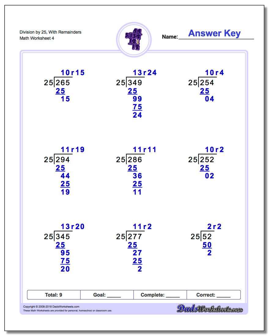 Division Worksheet by 25, With Remainders