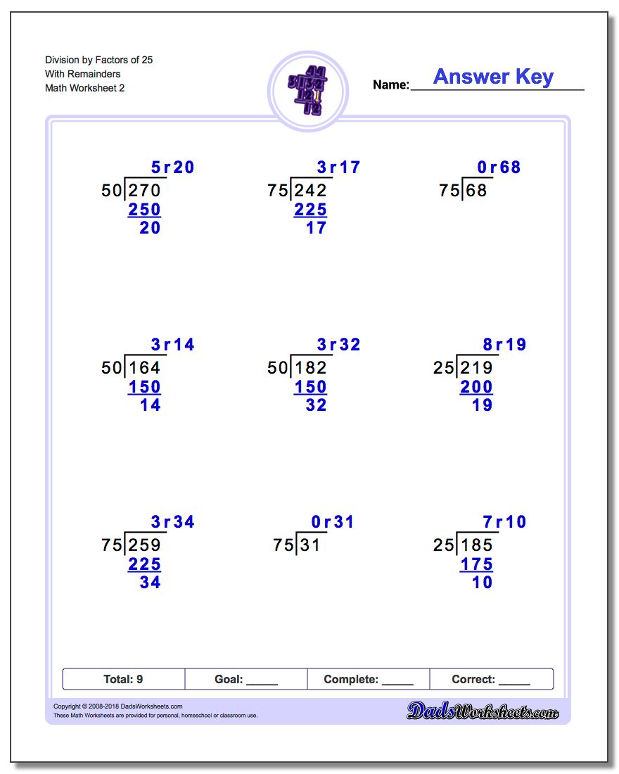 Division Worksheet by Factors of 25 With Remainders www.dadsworksheets.com/worksheets/long-division.html