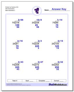 Division Worksheet by Factors of 25 With Remainders