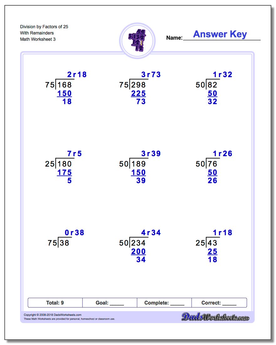 Division Worksheet by Factors of 25 With Remainders