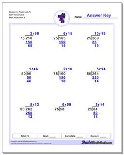 Division Worksheet by Factors of 25 With Remainders