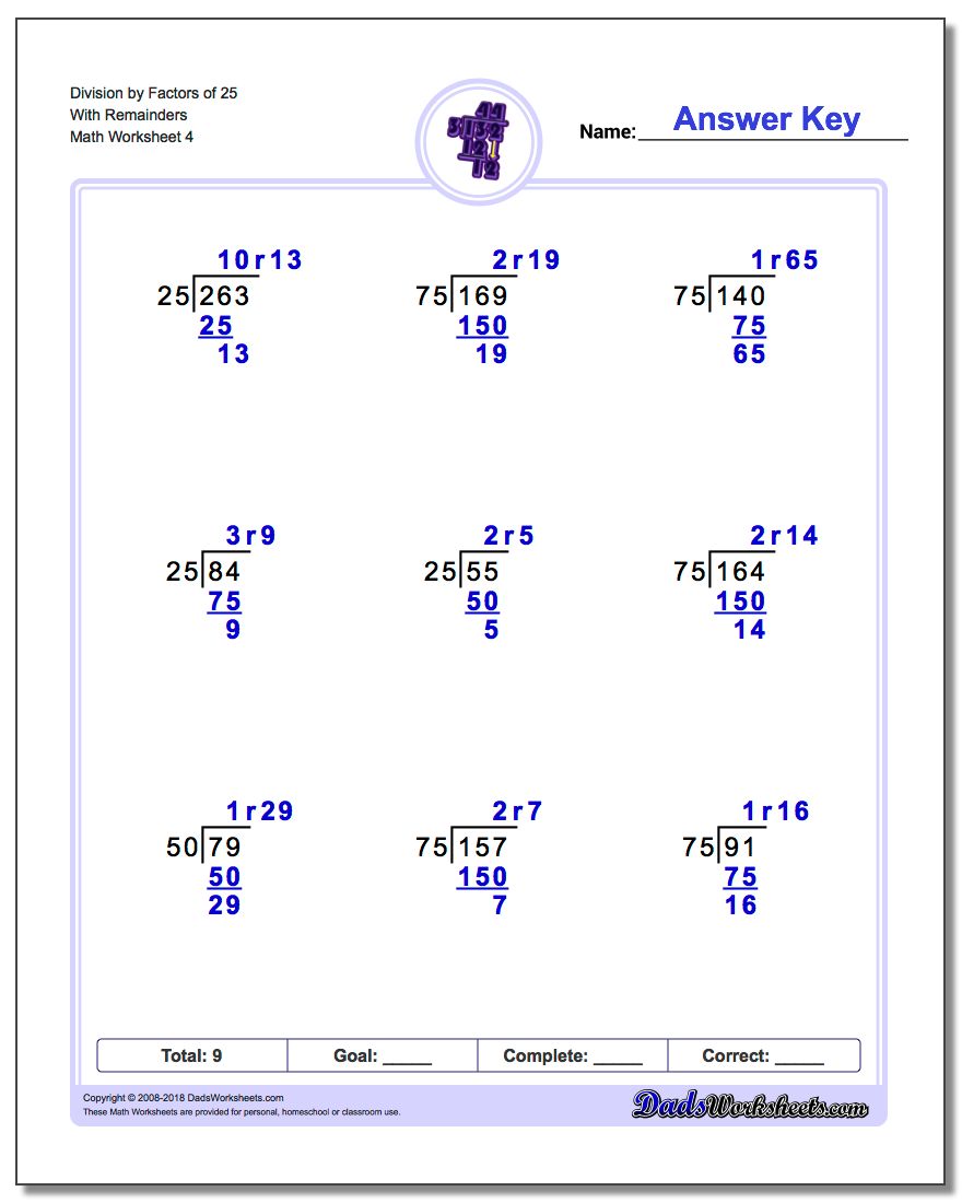 Division Worksheet by Factors of 25 With Remainders