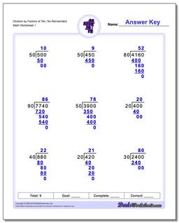 Long Division Worksheet by Factors of Ten, No Remainders